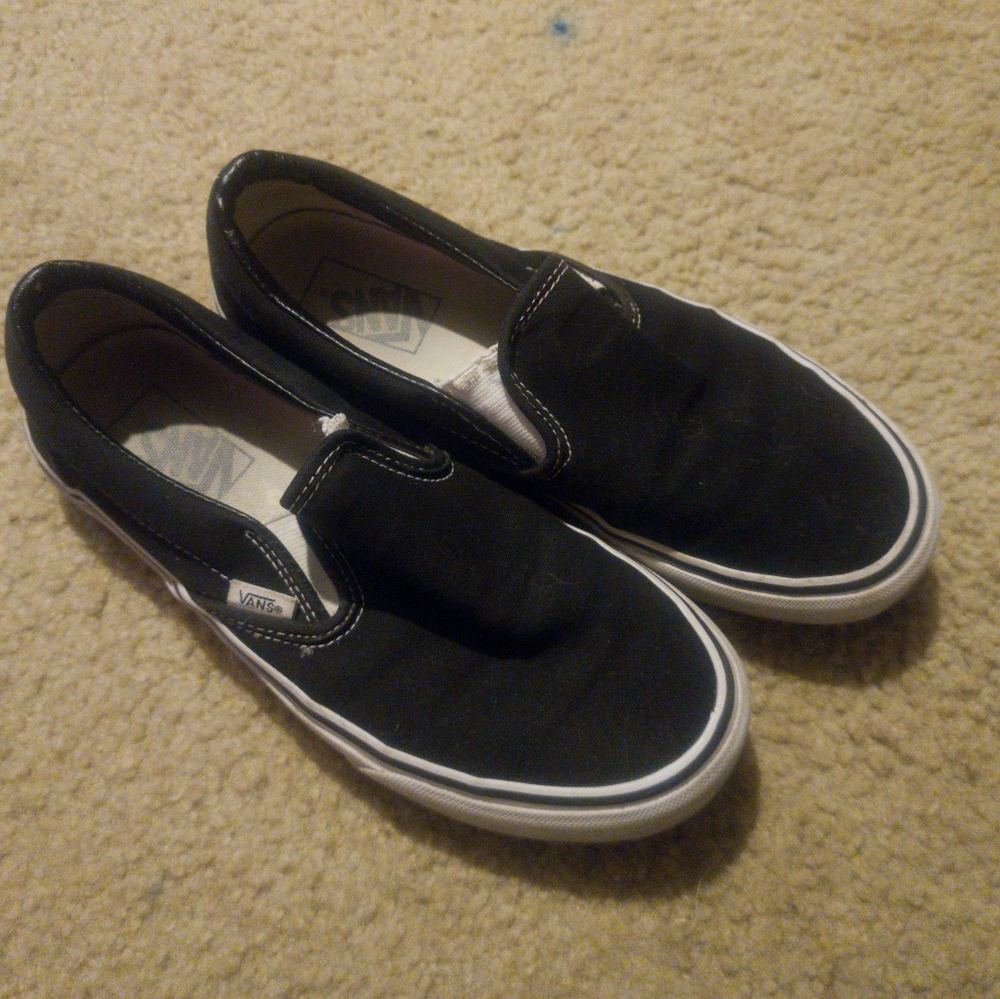 Vans Black Canvas Slip-On Loafers with White Trim